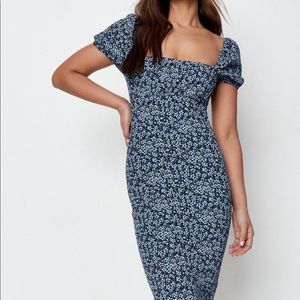 Missguided blue ditsy floral print milkmaid midi dress